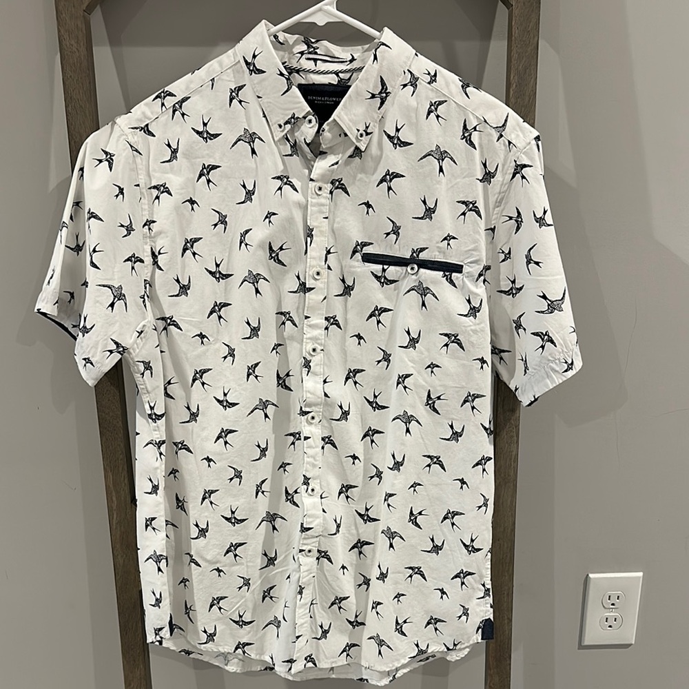 Bird White and Black Casual Button Down Shirt